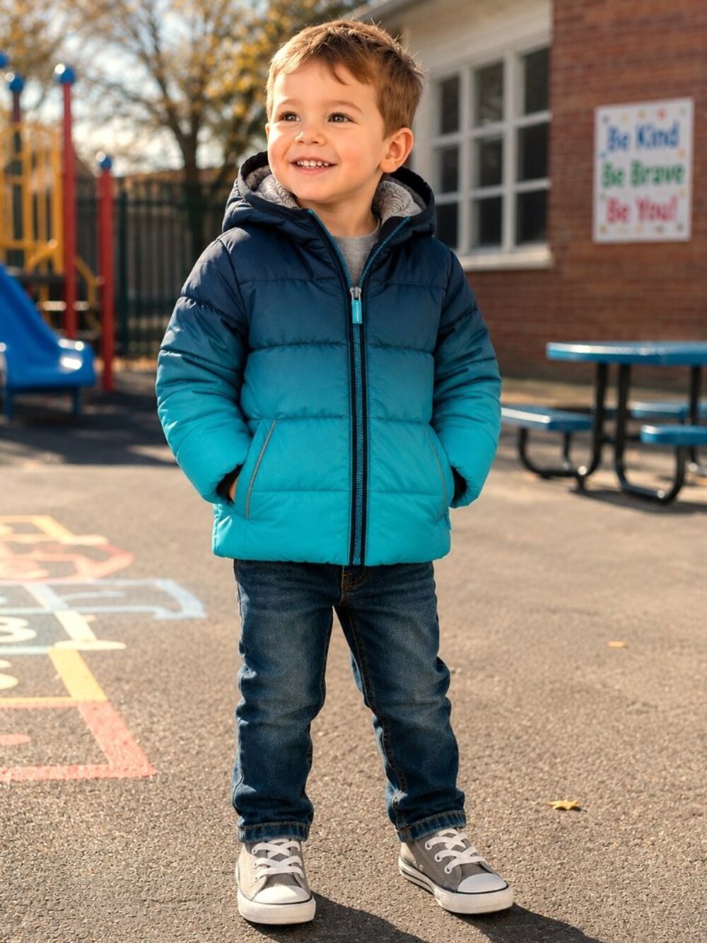 Wonder Nation Clear Ocean Ombre Zip Front Hooded Bubble Coat Toddler Boy 2T EUC